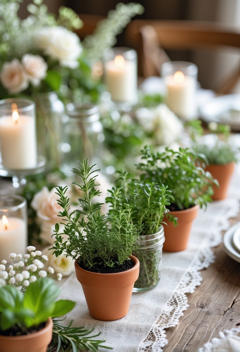 A wedding table decorated with small pots of green herb plants, candles, and delicate flowers arranged neatly on a wooden surface.