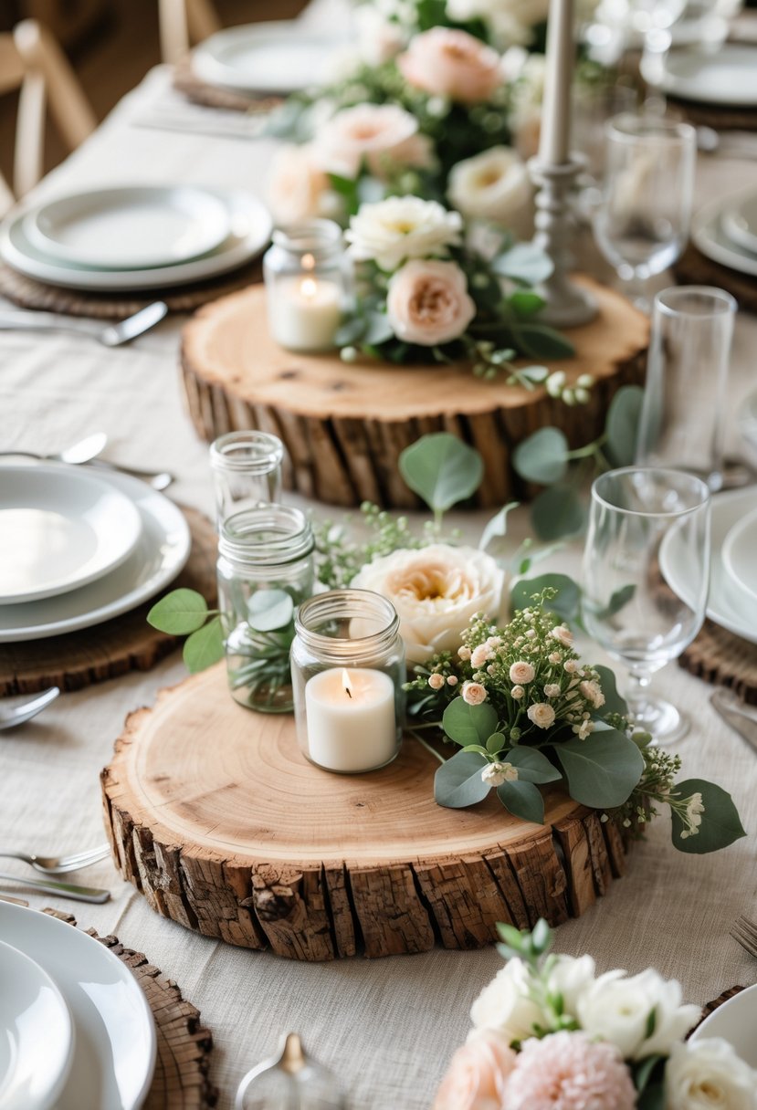 A wedding table with wooden slab centerpieces, candles, flowers, plates, and glassware arranged neatly.