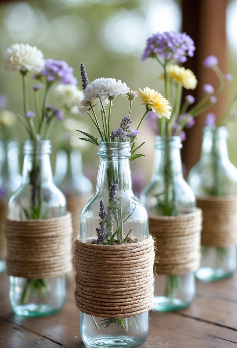 Glass bottles wrapped in twine holding wildflowers arranged on a wooden table.