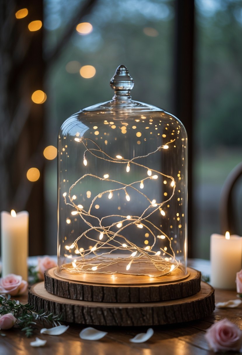 Glass cloche with glowing fairy lights inside placed on a wedding table with rose petals and candles around it.