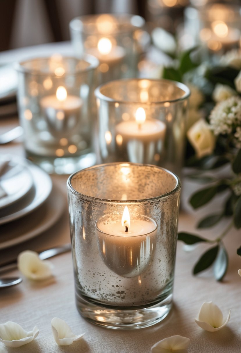 Several silver mercury glass votive candle holders glowing softly on a decorated wedding table with white petals and greenery.