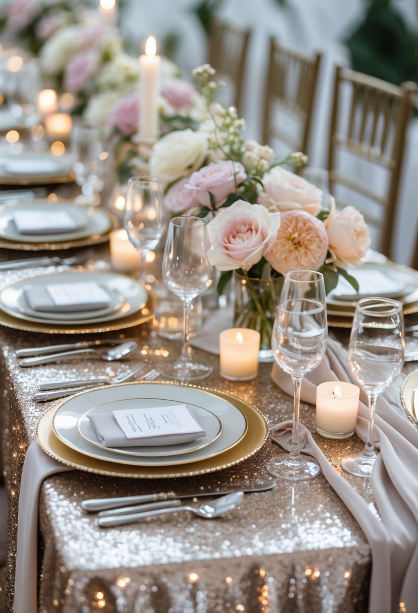A wedding table decorated with a gold sequin tablecloth overlay, floral centerpieces, candles, plates, and glassware.
