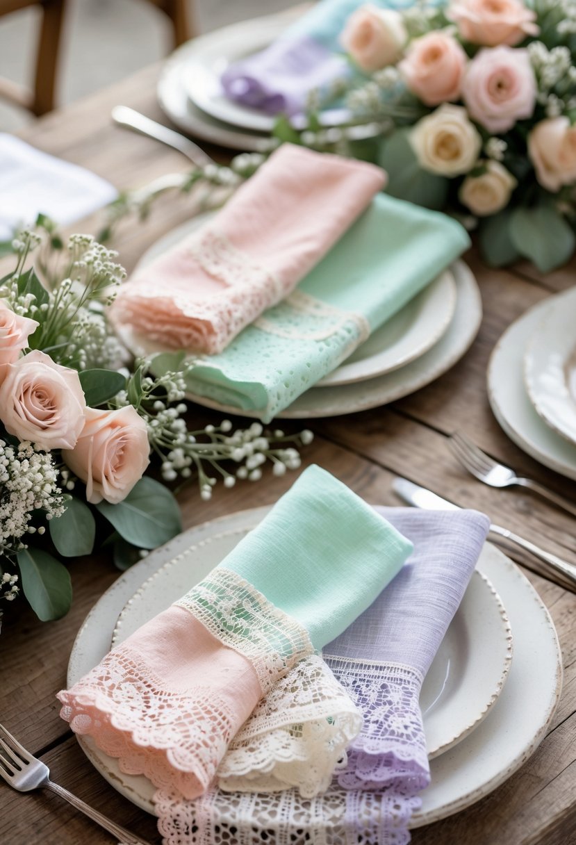 A wedding table set with pastel-colored dipped lace napkins on white plates, surrounded by small floral arrangements and greenery on a wooden table.