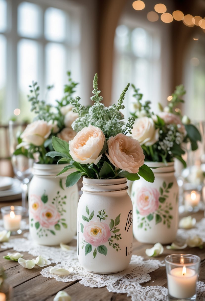 Hand-painted floral mason jars filled with fresh flowers arranged on a wedding table with rustic decor.