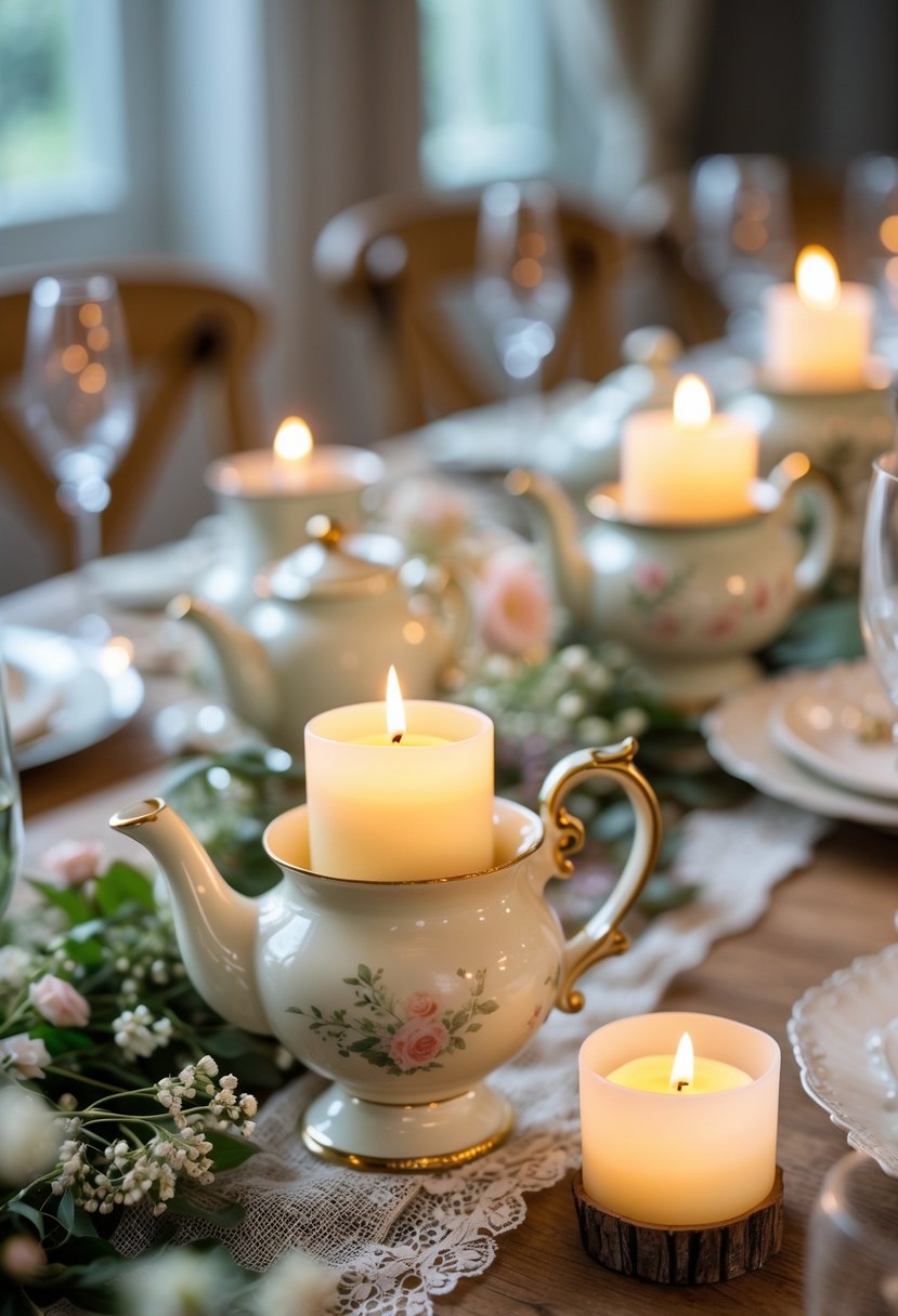 A wedding table decorated with vintage teapots holding lit candles surrounded by small flowers and greenery.
