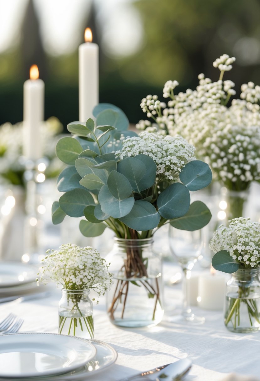 Wedding table decorated with eucalyptus and baby's breath bouquets in glass vases, surrounded by white candles and tableware.