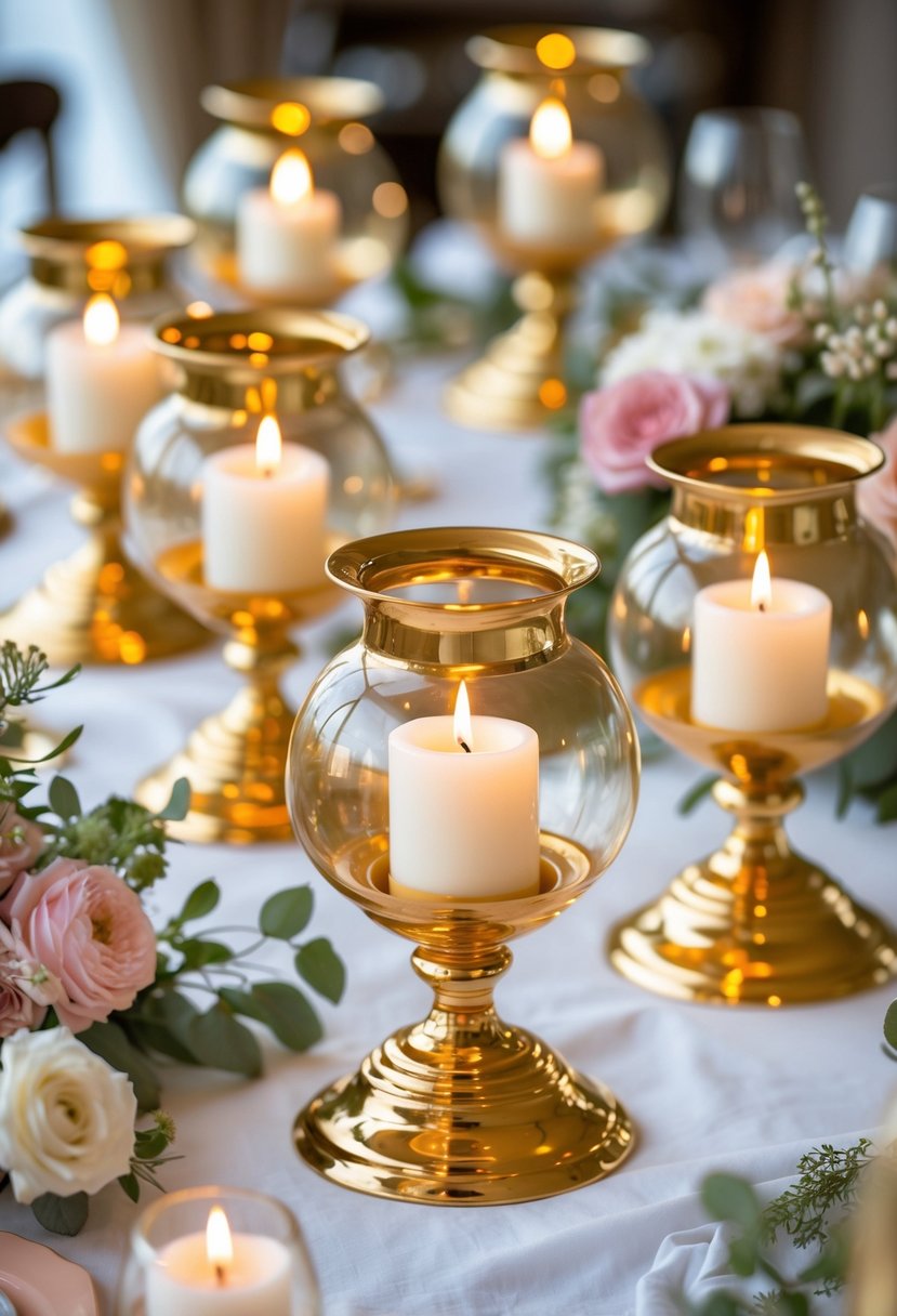 Wedding table with golden hurricane lamps holding lit candles and floral decorations.