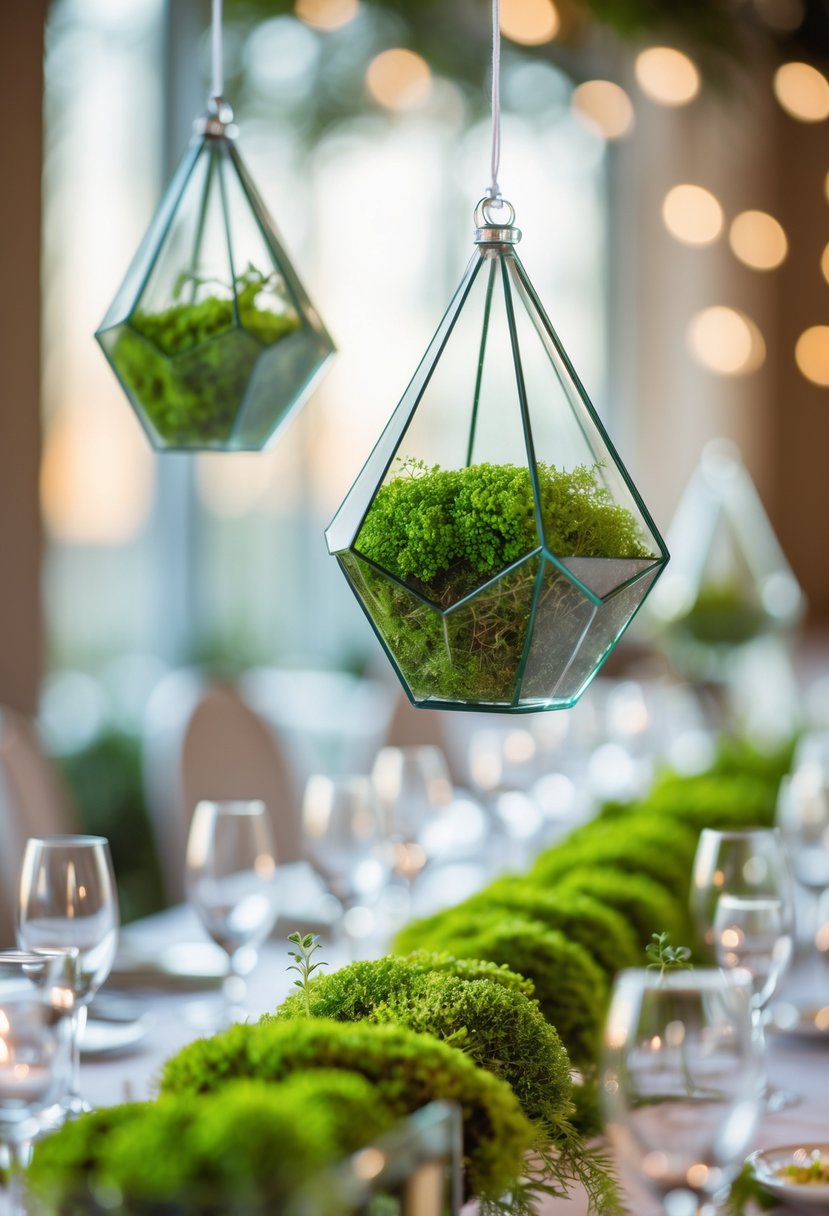 Hanging glass terrariums filled with green moss above a decorated wedding table.