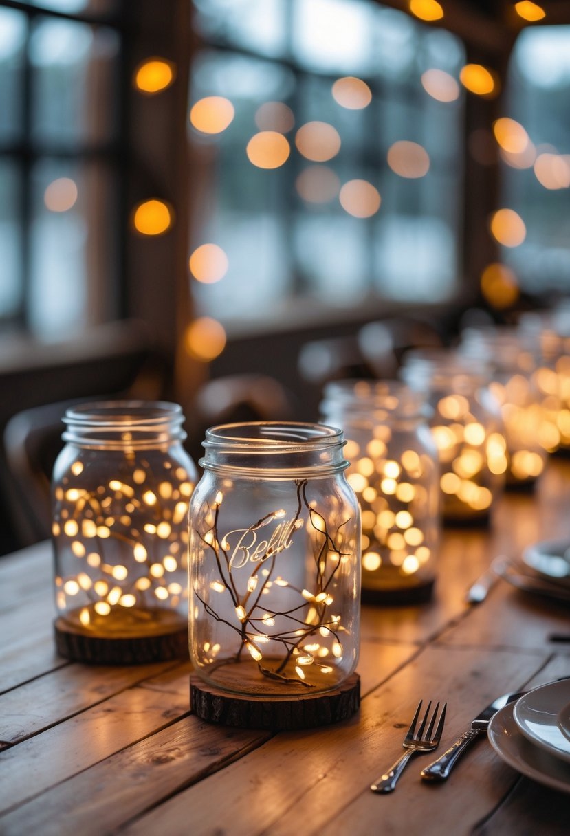 Mason jars filled with fairy lights arranged as centerpieces on a wooden wedding table.