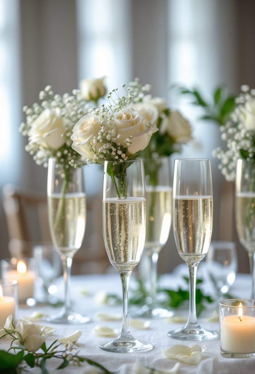 A wedding table decorated with champagne flutes used as vases holding white flowers and greenery.