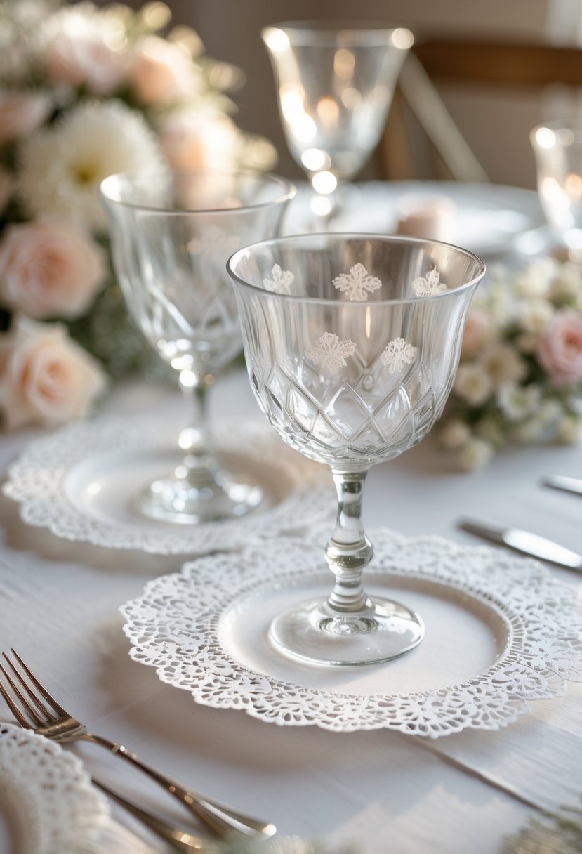Close-up of delicate paper doilies under glassware on a decorated wedding table.