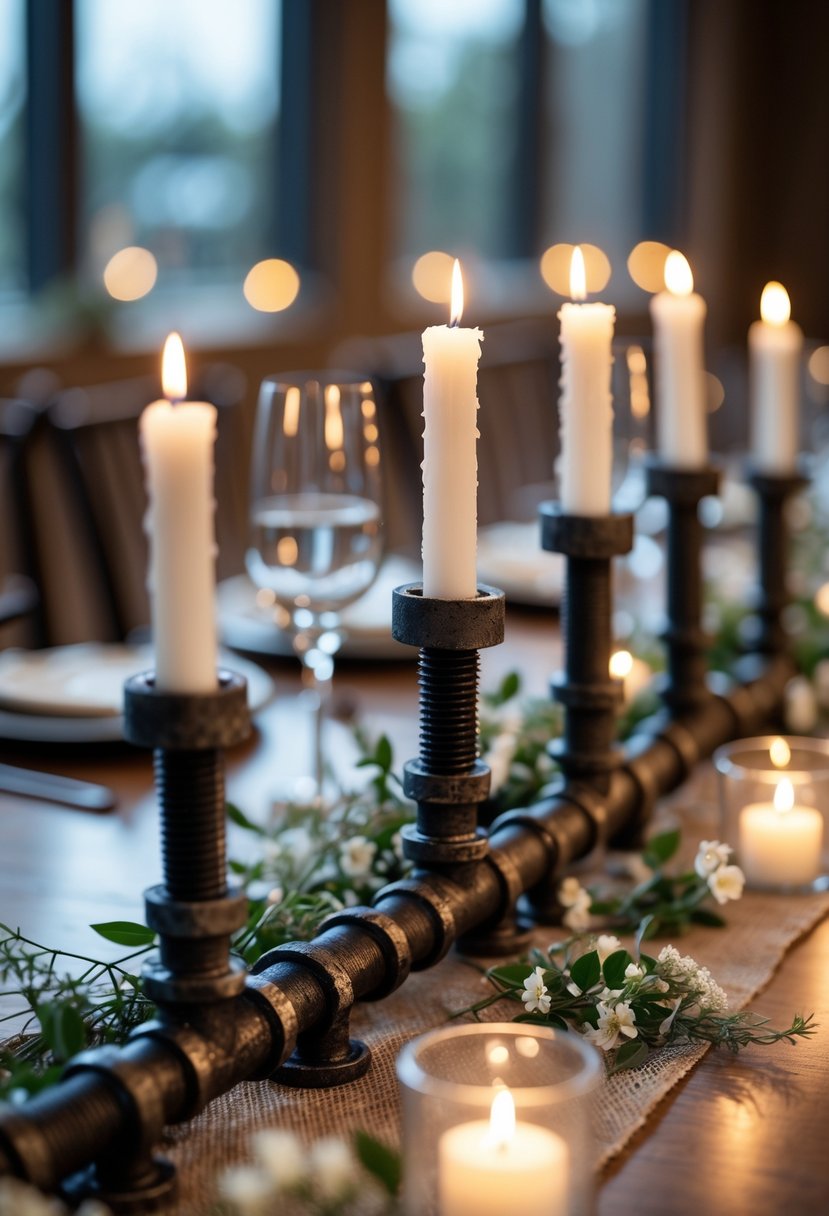 A wedding table with exposed metal pipe candle holders holding lit white candles, decorated with greenery and small white flowers.