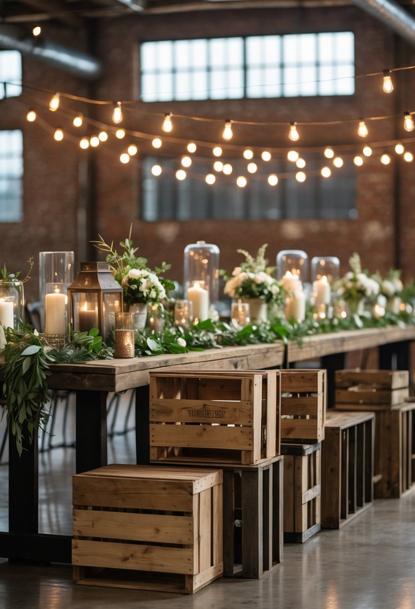 A wedding table decorated with repurposed wooden crates used as risers, holding floral arrangements and candles in an industrial venue with brick walls and large windows.