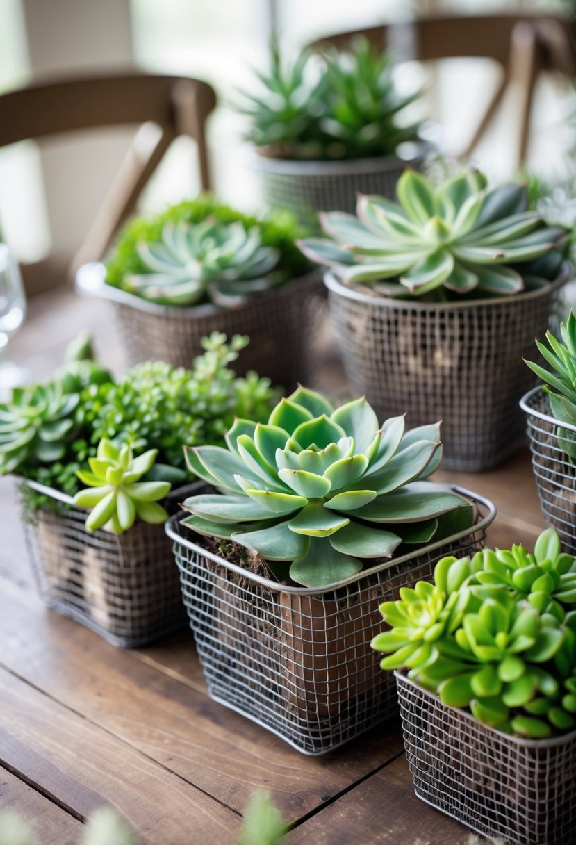 Metal wire baskets filled with green succulents arranged on a wooden table.