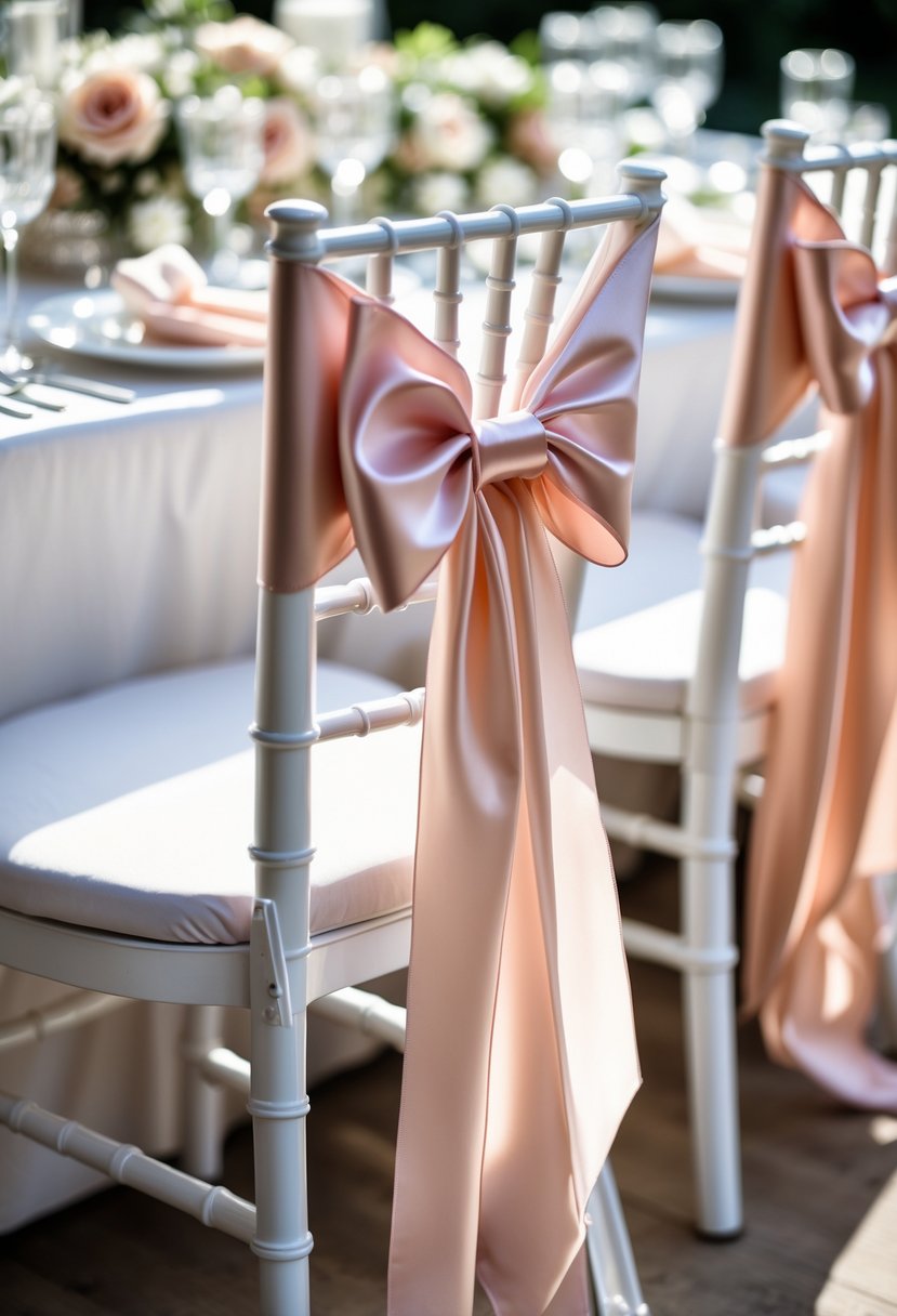 White chairs at a wedding reception decorated with satin ribbon bows tied around the backs, with a table set with flowers, plates, and glasses in the background.