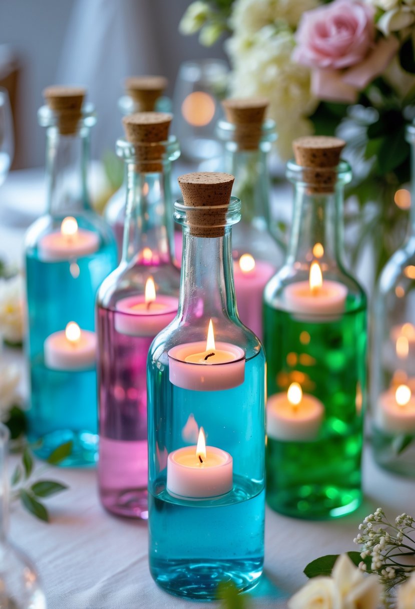 Glass bottles filled with colored water and floating lit candles arranged on a wedding table with floral decorations.