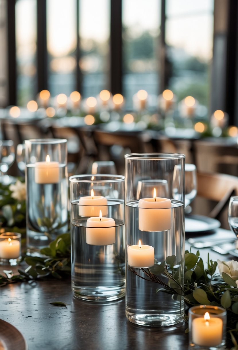 A wedding table decorated with clear glass vases filled with water and floating white candles, surrounded by greenery and rustic elements.