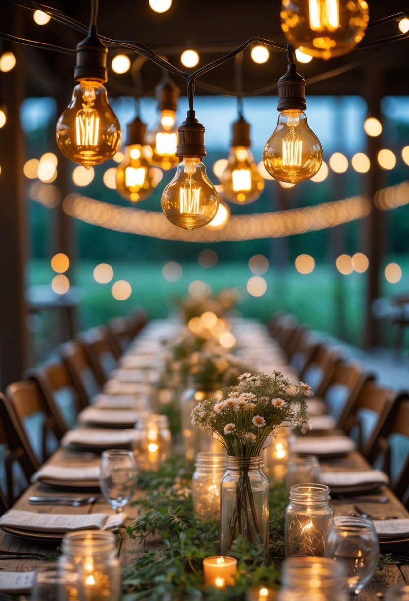 A wedding table decorated with string lights and rustic floral arrangements under warm glowing bulbs.