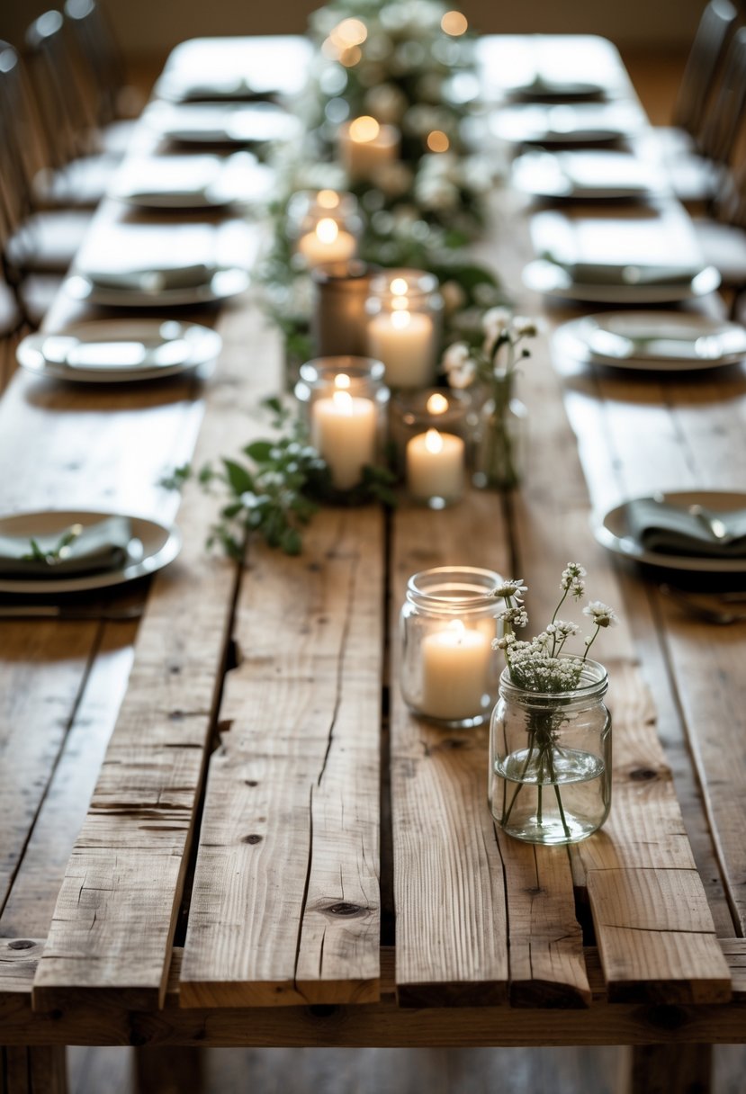A long wooden table decorated with reclaimed pallet wood table runners, small flower jars, and candles.