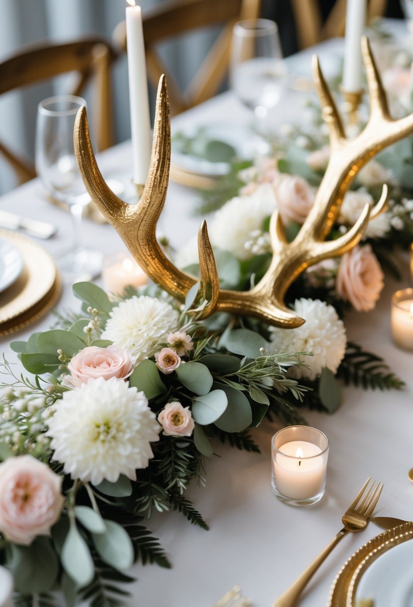 Wedding table decorated with gold-painted antlers, flowers, greenery, and candles.