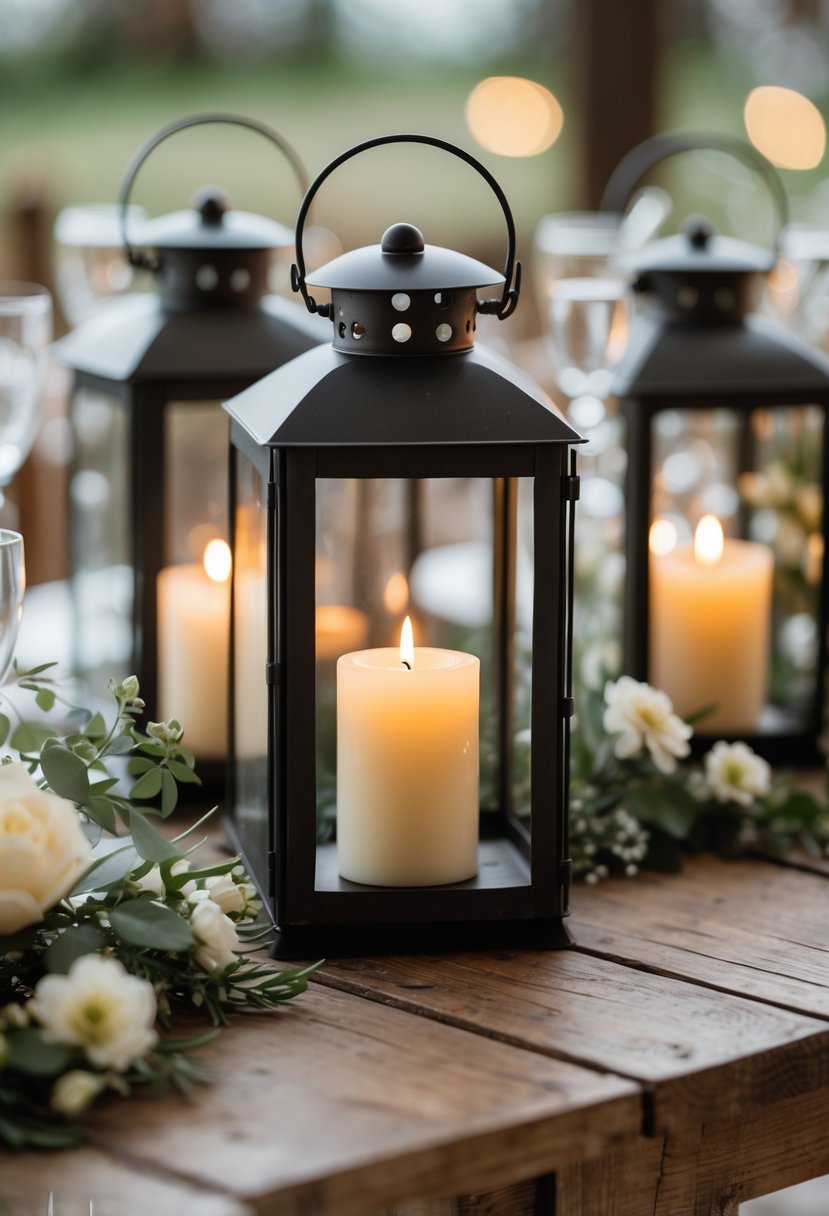 Close-up of metal lanterns with lit candles on a wooden table decorated with greenery and white flowers.