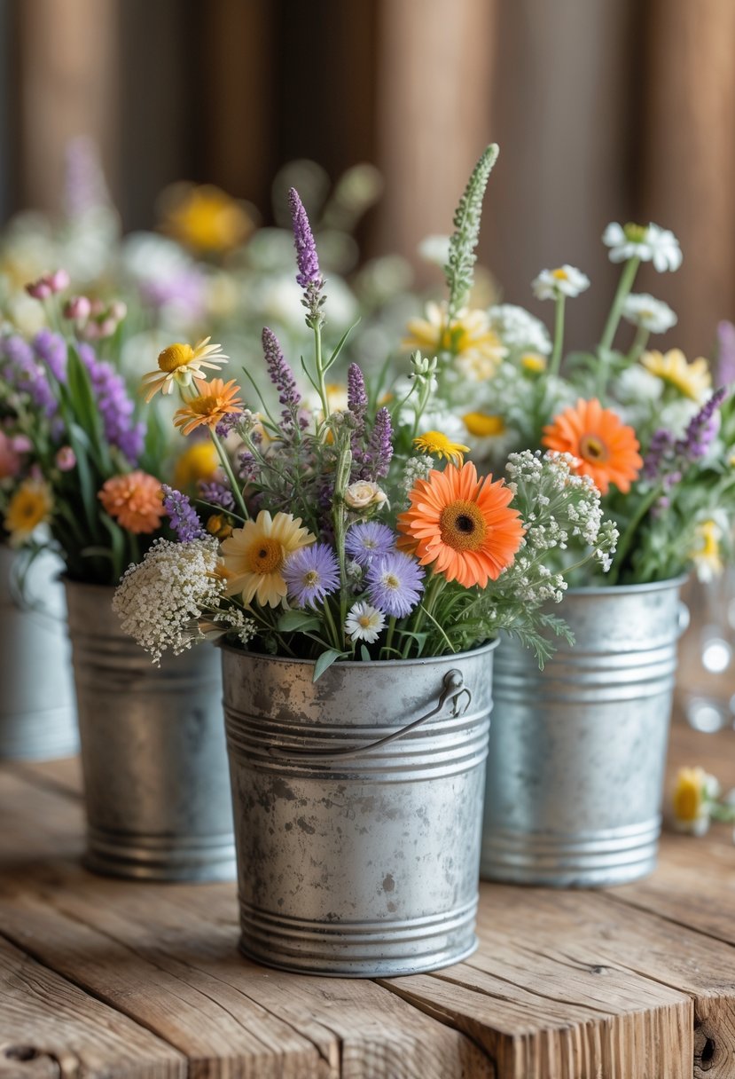 Rustic galvanized tin buckets filled with colorful wildflowers arranged on a wooden table as wedding decorations.