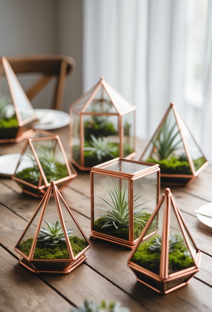 Geometric copper pipe terrariums with plants arranged on a wooden table as wedding decorations.