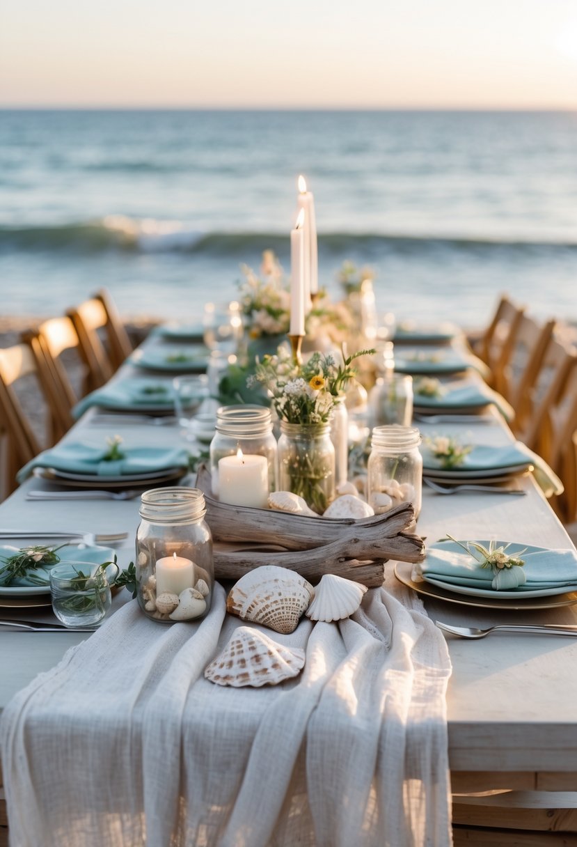 Outdoor wedding table near the ocean decorated with seashells, driftwood, wildflowers, and candles during sunset.