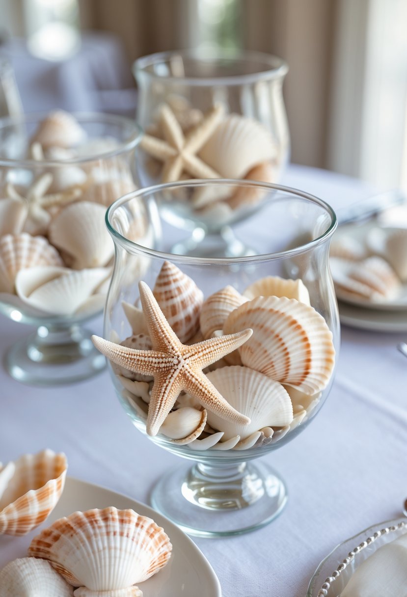 Glass bowls filled with seashells and starfish arranged as centerpieces on a wedding table.