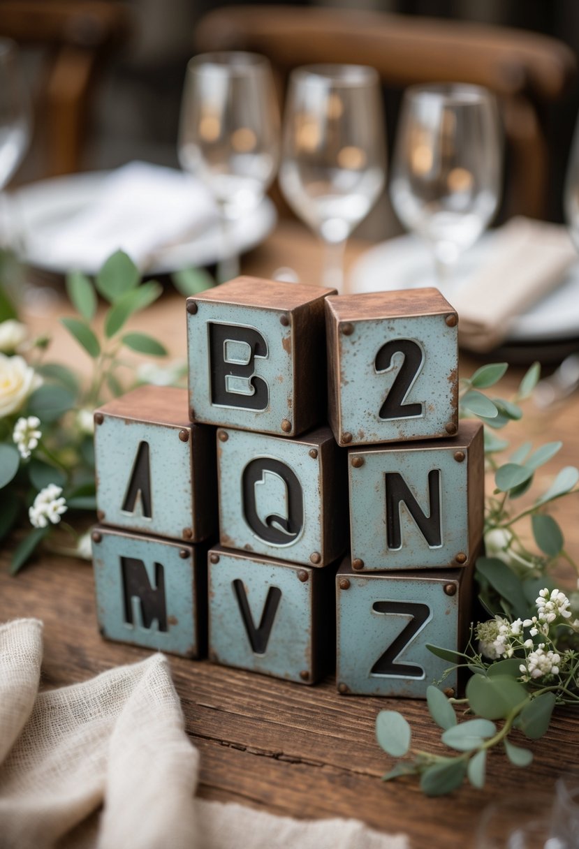 Close-up of vintage metal letter blocks used as table numbers on a wooden table with small flowers and greenery around them.