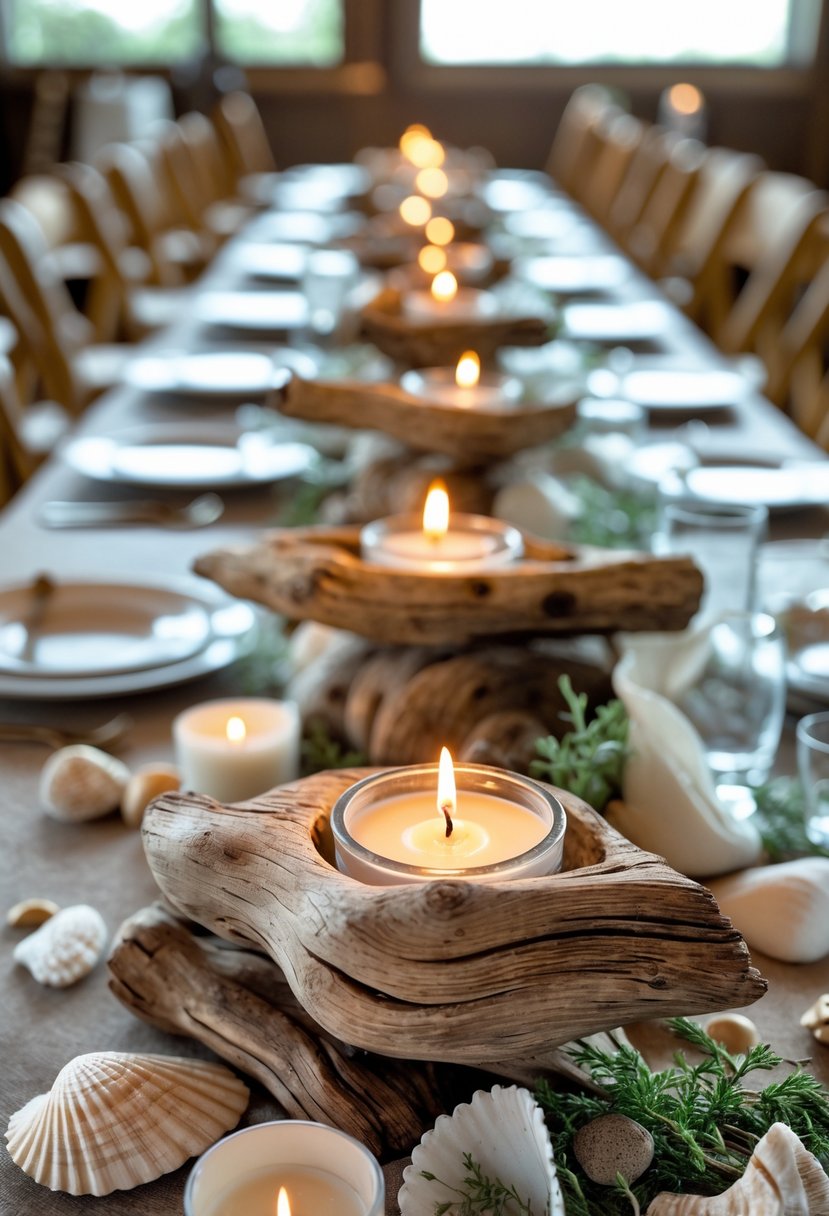 Driftwood candle holders with lit tealight candles arranged on a wedding table decorated with seashells and greenery.
