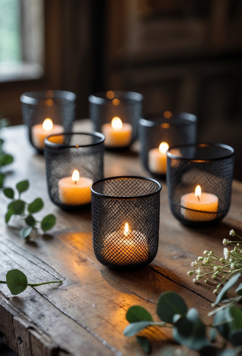 Wire mesh votive candle holders with lit candles arranged on a wooden table with small green leaves and white flowers.