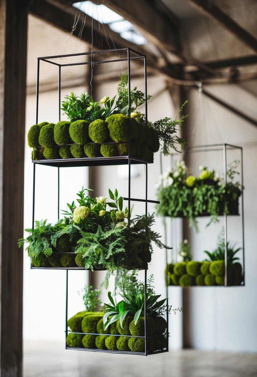 Hanging metal frames filled with moss and greenery used as wedding table decorations in an industrial setting.