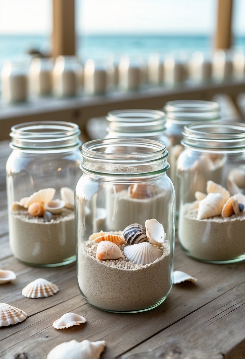 Several Mason jars filled with sand and small seashells arranged on a wooden table as wedding decorations.