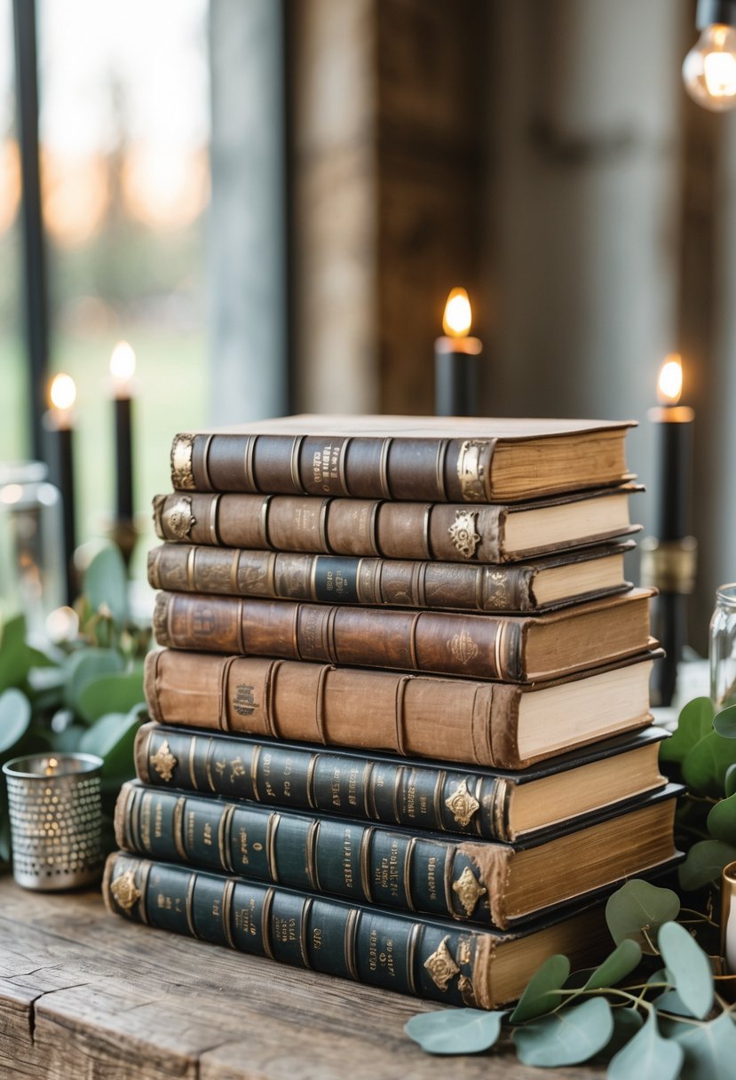 A stack of old books with metal accents arranged on a wooden table with industrial-style wedding decorations.