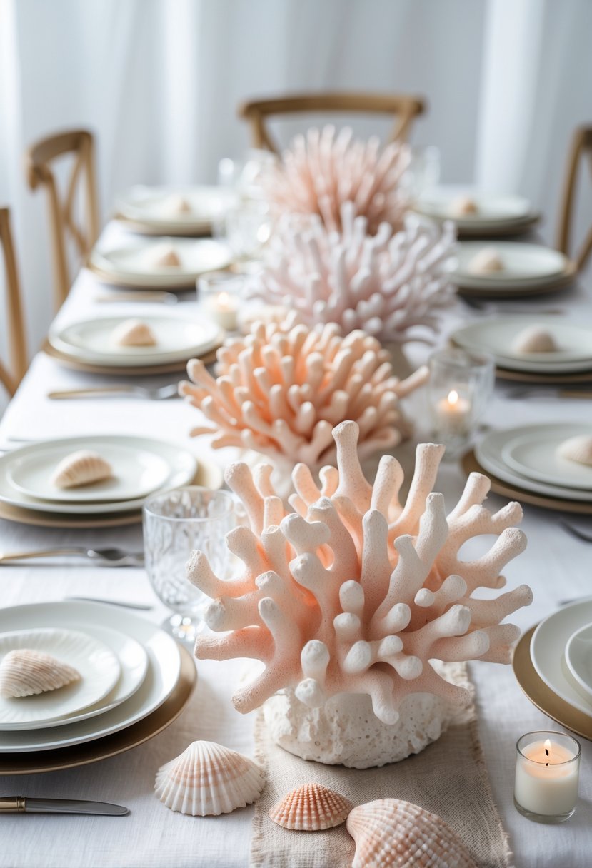 A wedding table decorated with coral-shaped sculptures, plates, glassware, and candles in a bright, coastal setting.