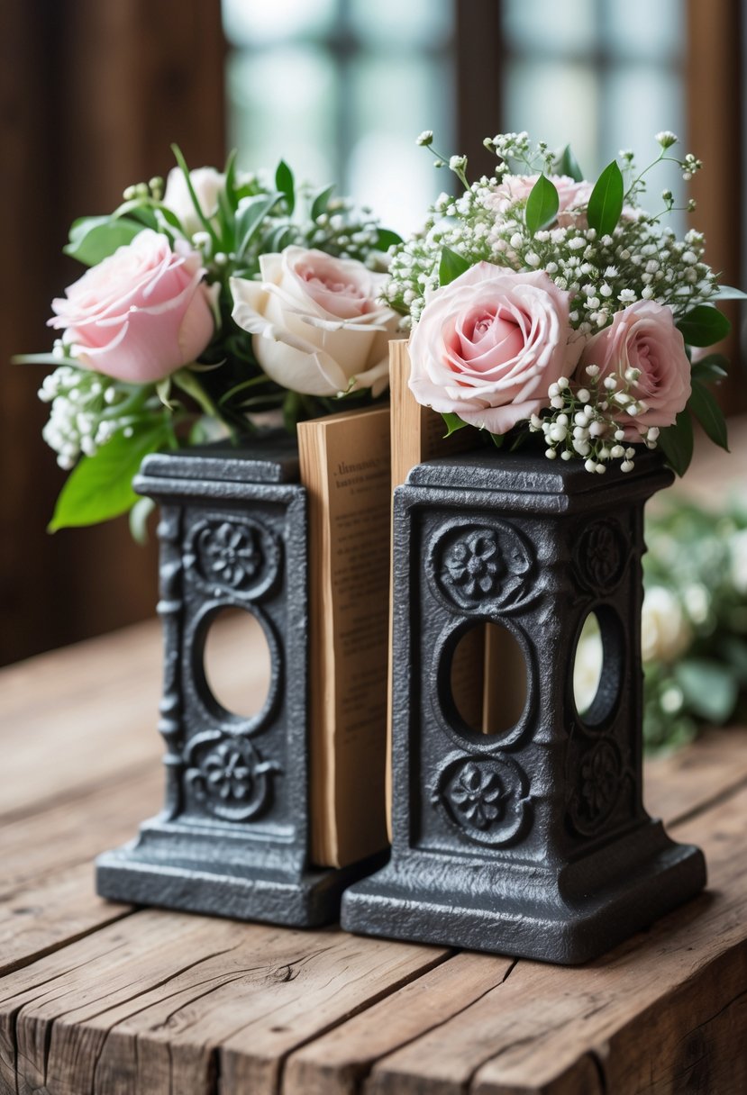 Pair of cast iron bookends holding small floral arrangements on a wooden table.