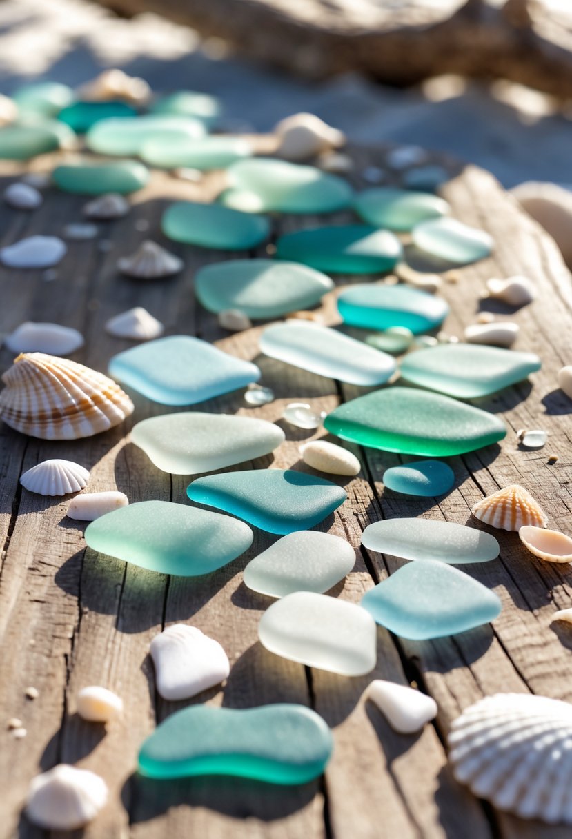 Close-up of colorful sea glass scattered on a wooden table with small seashells and driftwood nearby.