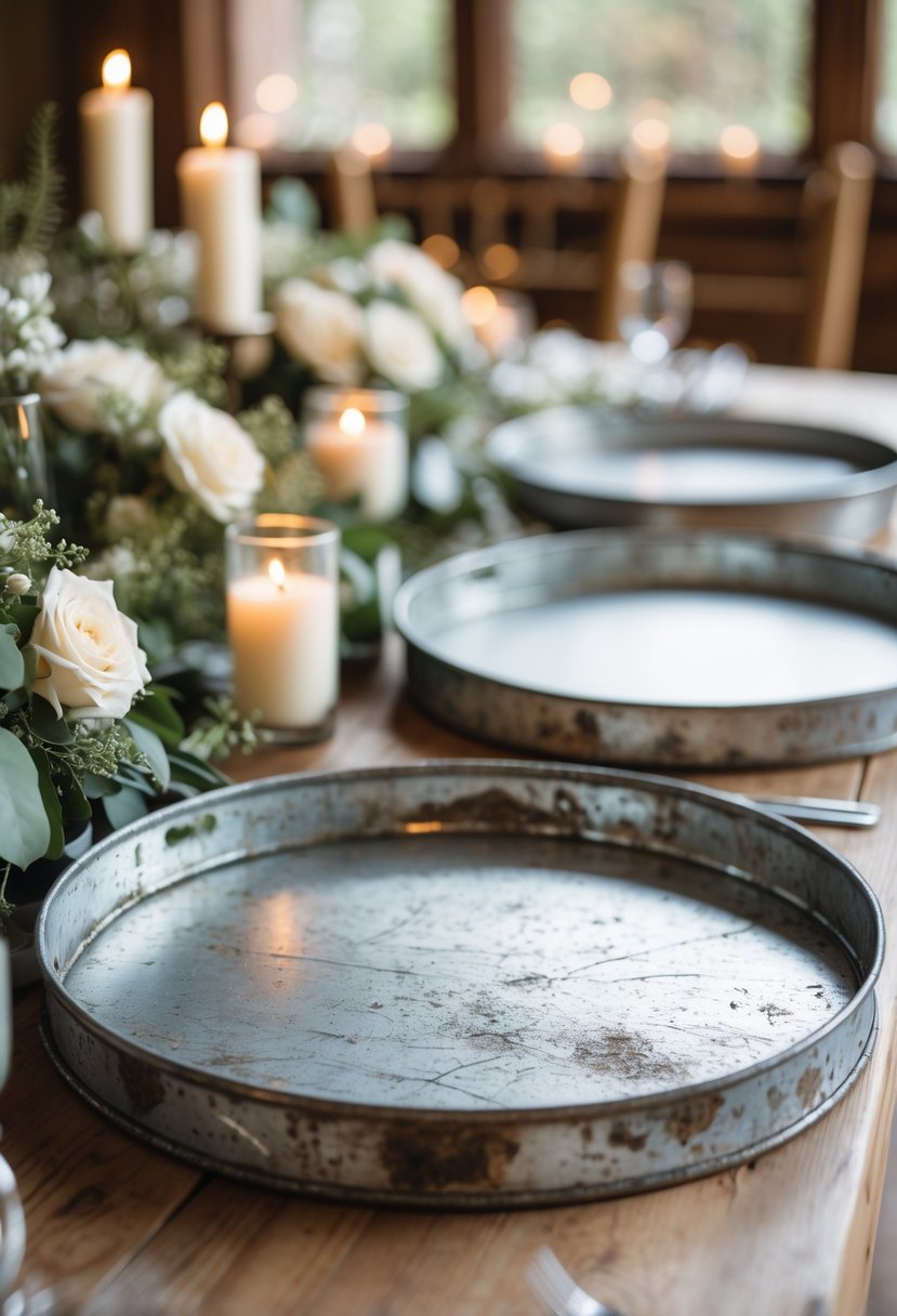 Distressed metal trays arranged on a wooden table with wedding decorations including flowers and candles.