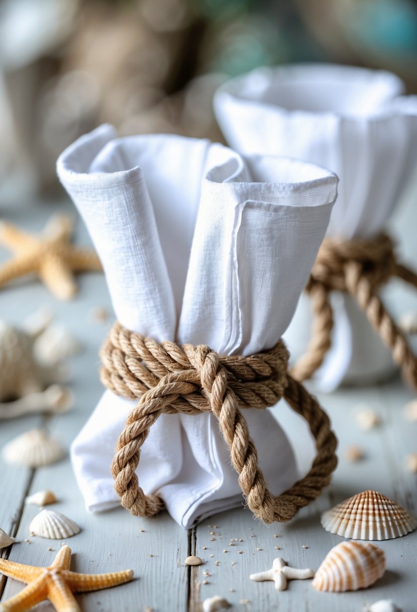 Close-up of white napkins tied with thick nautical rope on a wooden table decorated with seashells and starfish.
