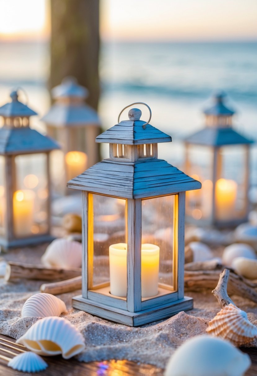 A wooden table decorated with miniature lanterns containing glowing LED candles, seashells, and driftwood, set against a blurred beach and ocean background.