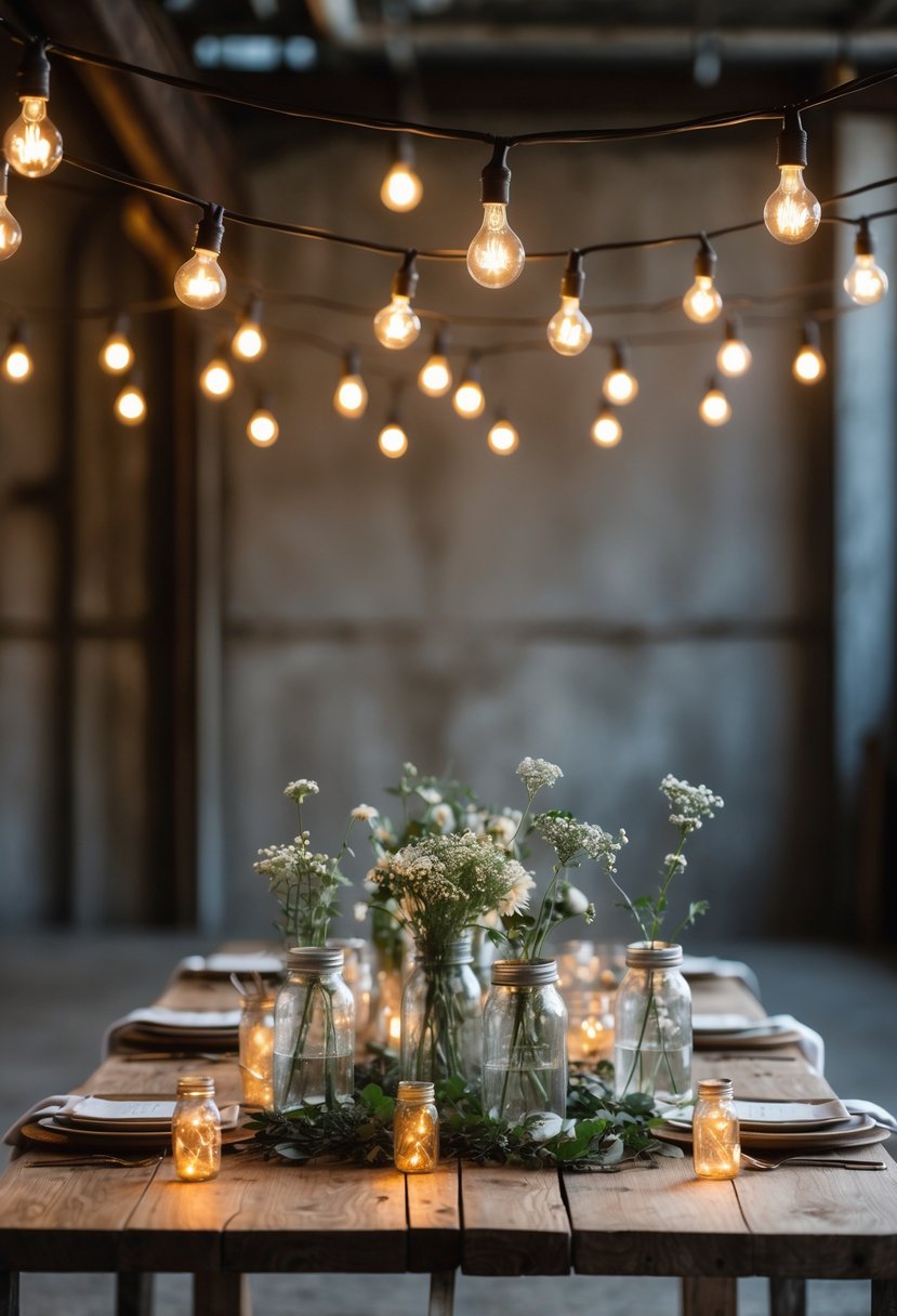 A rustic wooden wedding table decorated with wildflowers and greenery, illuminated by exposed bulb string lights hanging overhead in an industrial space.