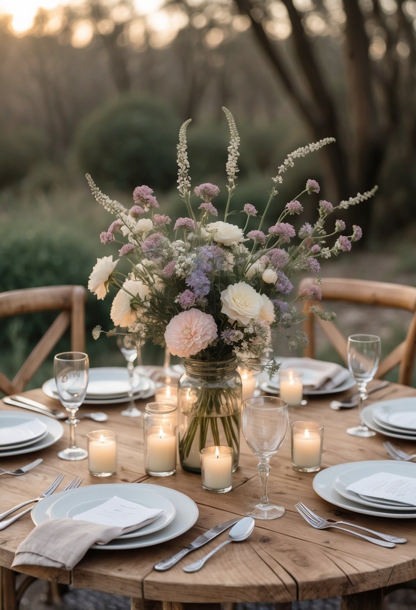 A round wooden wedding table decorated with wildflowers, candles, plates, and glassware, set outdoors with a garden background.