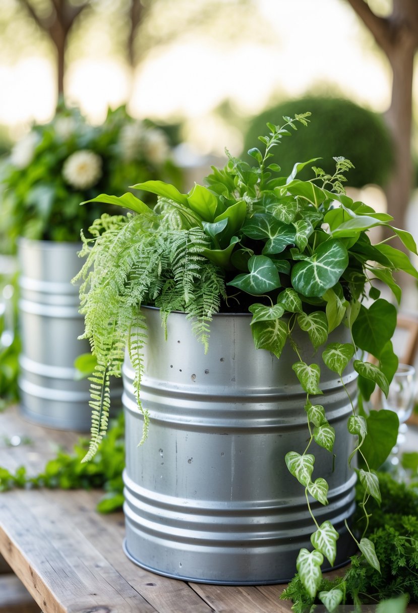 Steel drum planters filled with green plants arranged on wooden tables at an outdoor wedding reception.