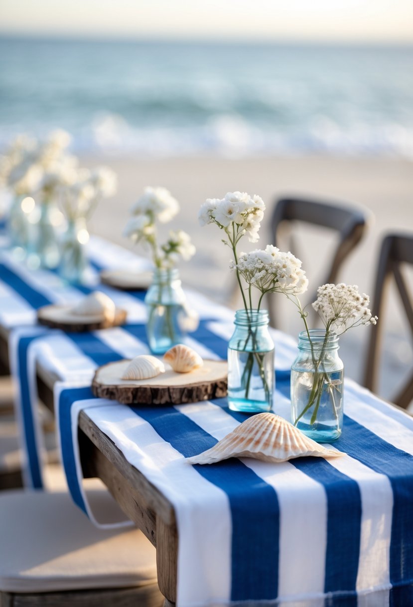 A wedding table decorated with blue and white striped runners, seashells, driftwood, and white flowers on a wooden table near the beach.