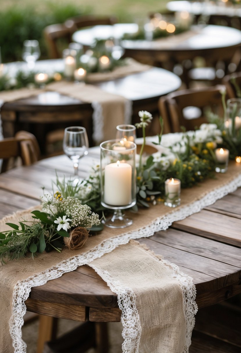 Round wooden wedding tables decorated with burlap runners trimmed with lace, floral arrangements, greenery, and candles.