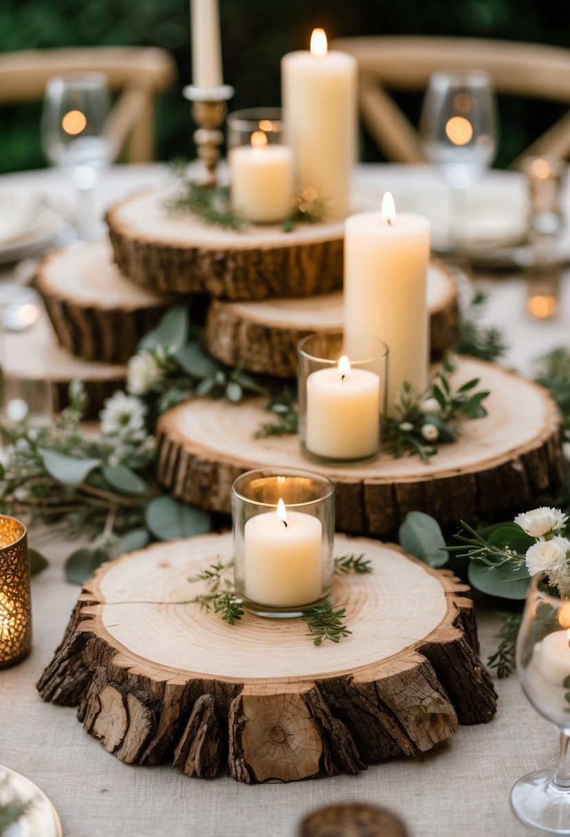 A round wedding table with wooden slab centerpieces holding lit candles and small floral decorations.