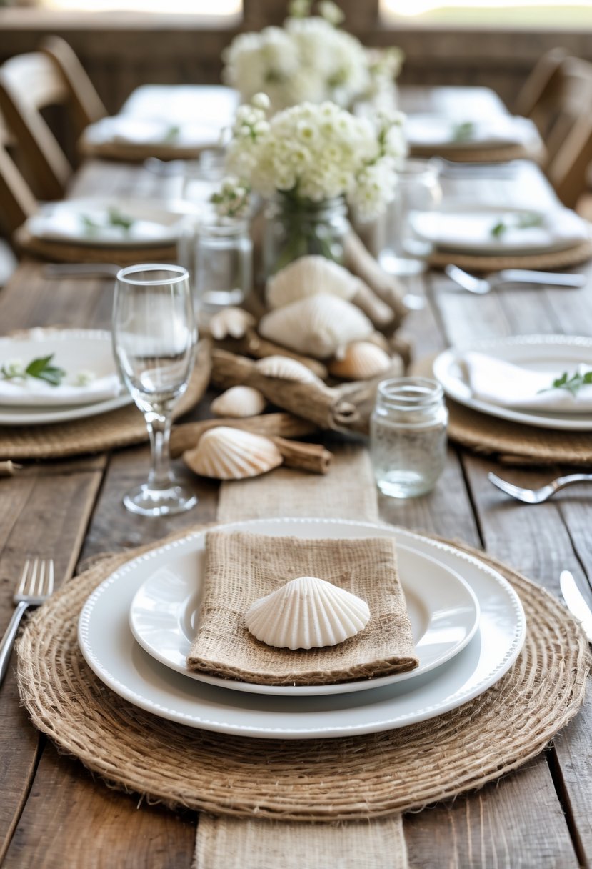 A wooden table set with natural jute placemats, white plates, silver cutlery, glass jars with small white flowers, seashells, and driftwood decorations.