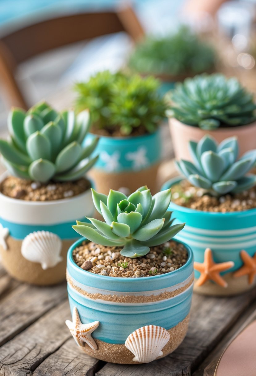 Small potted succulents in beach-themed pots arranged on a wooden table as wedding decorations.