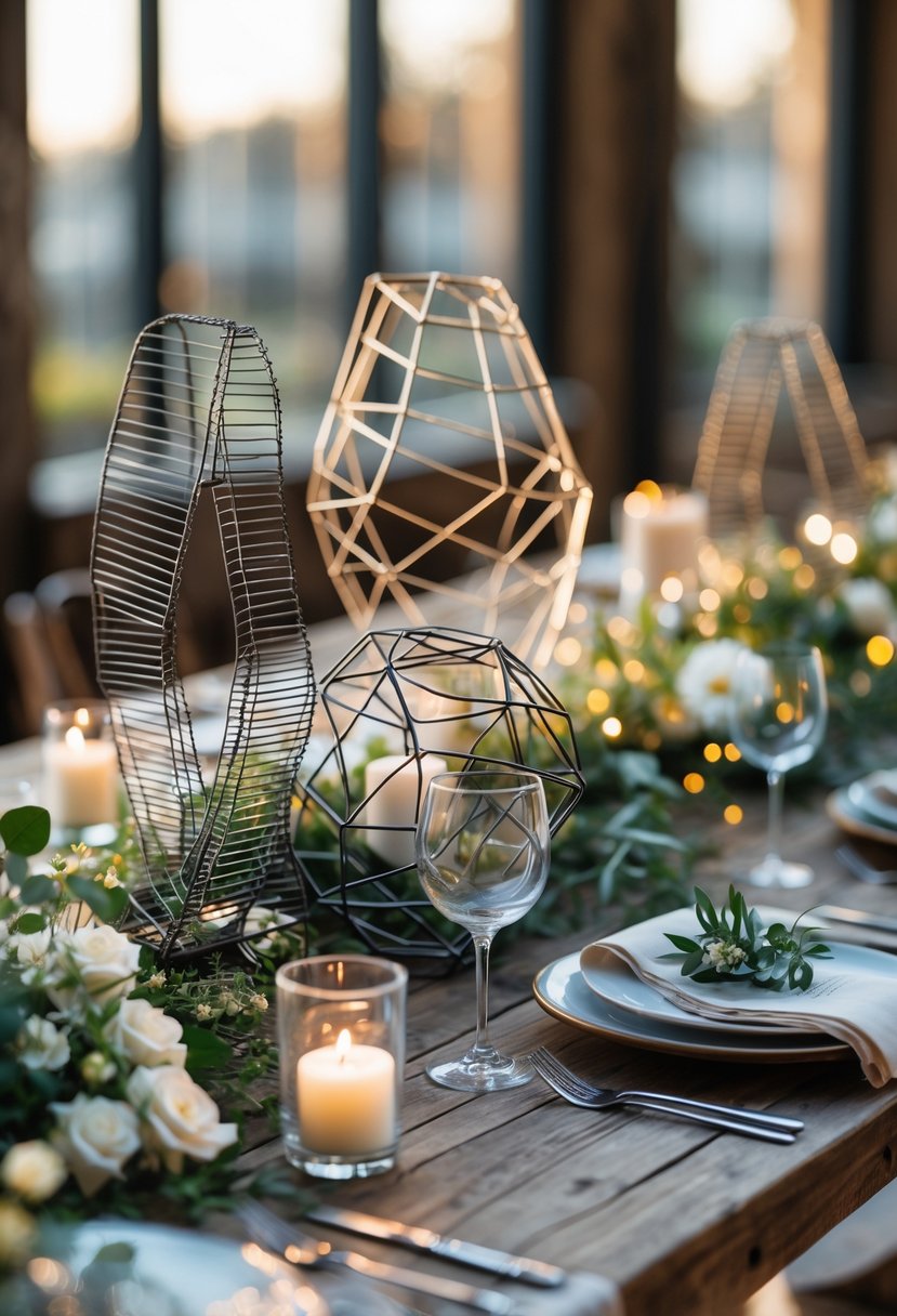 Several metal wire sculptures arranged on a wooden table with candles and flowers as wedding decorations.